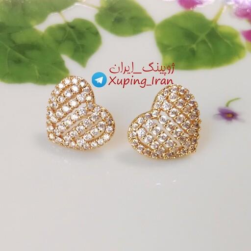 گوشواره ژوپینگ قلبی نگین دار طلایی Xuping طرح جواهر طلا شیک مجلسی درخشان قلب